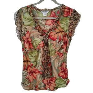 Vintage‎ Y2K Allison Taylor Womens Blouse Medium 100% Silk Retro Floral Cheetah